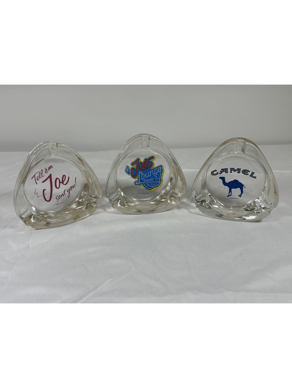 Set of 3 Vintage Glass Ashtrays with Joe's Lounge and Camel Designs